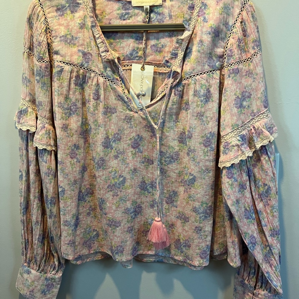 LoveShackFancy Pink and Blue Floral Blouse
